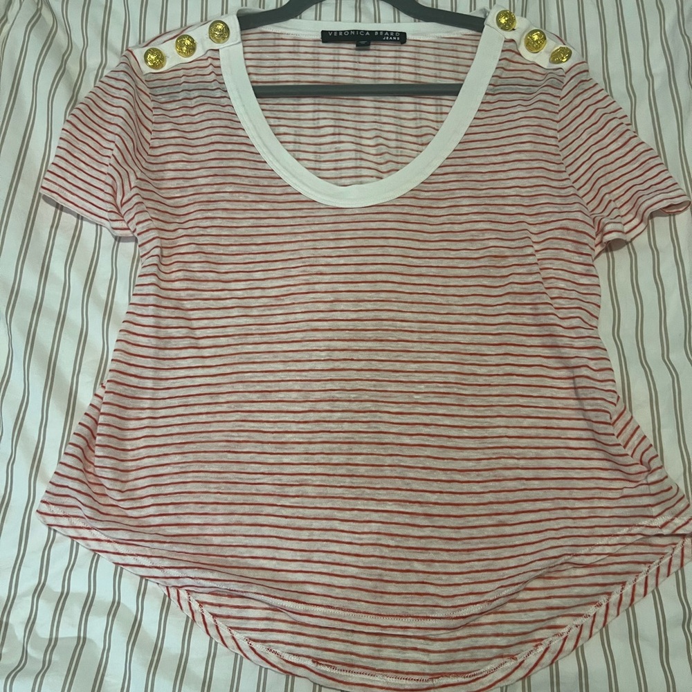 Veronica Beard Red Striped Short Sleeve Scoop Neck Sz XS runs bigger